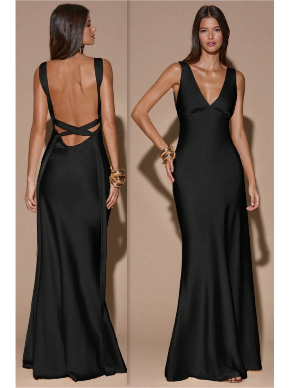 Black Satin Maxi Dress Criss Cross Back Ties